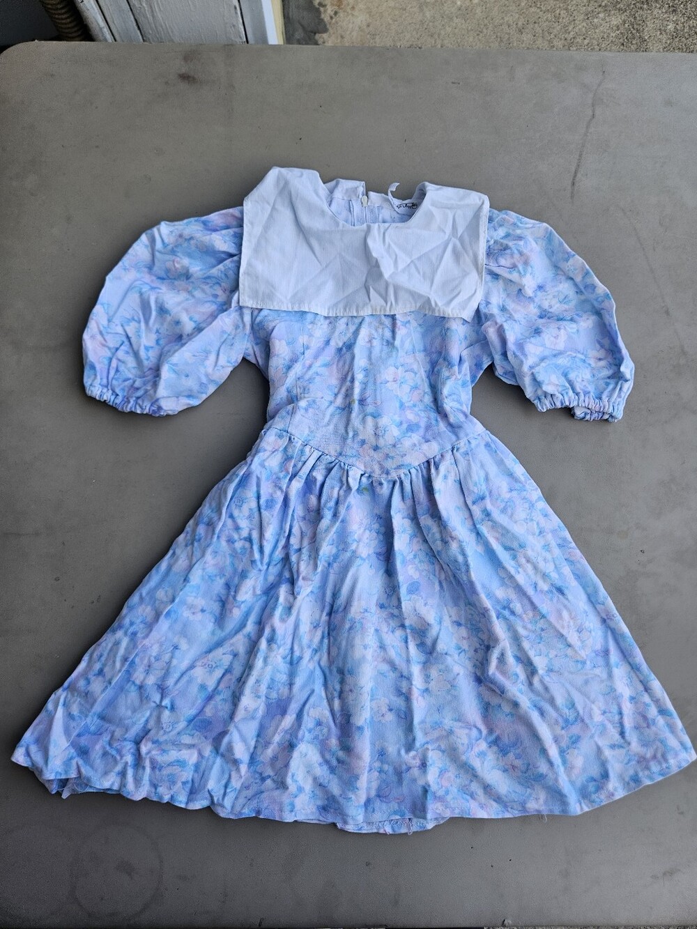 Vintage 90s Pastel Blue Floral Puff-Sleeve Dress with White Bib